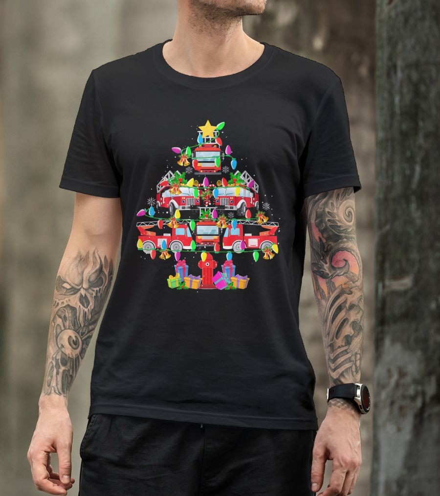 Fire Truck Christmas Tree With Decorations And Gifts T-Shirt