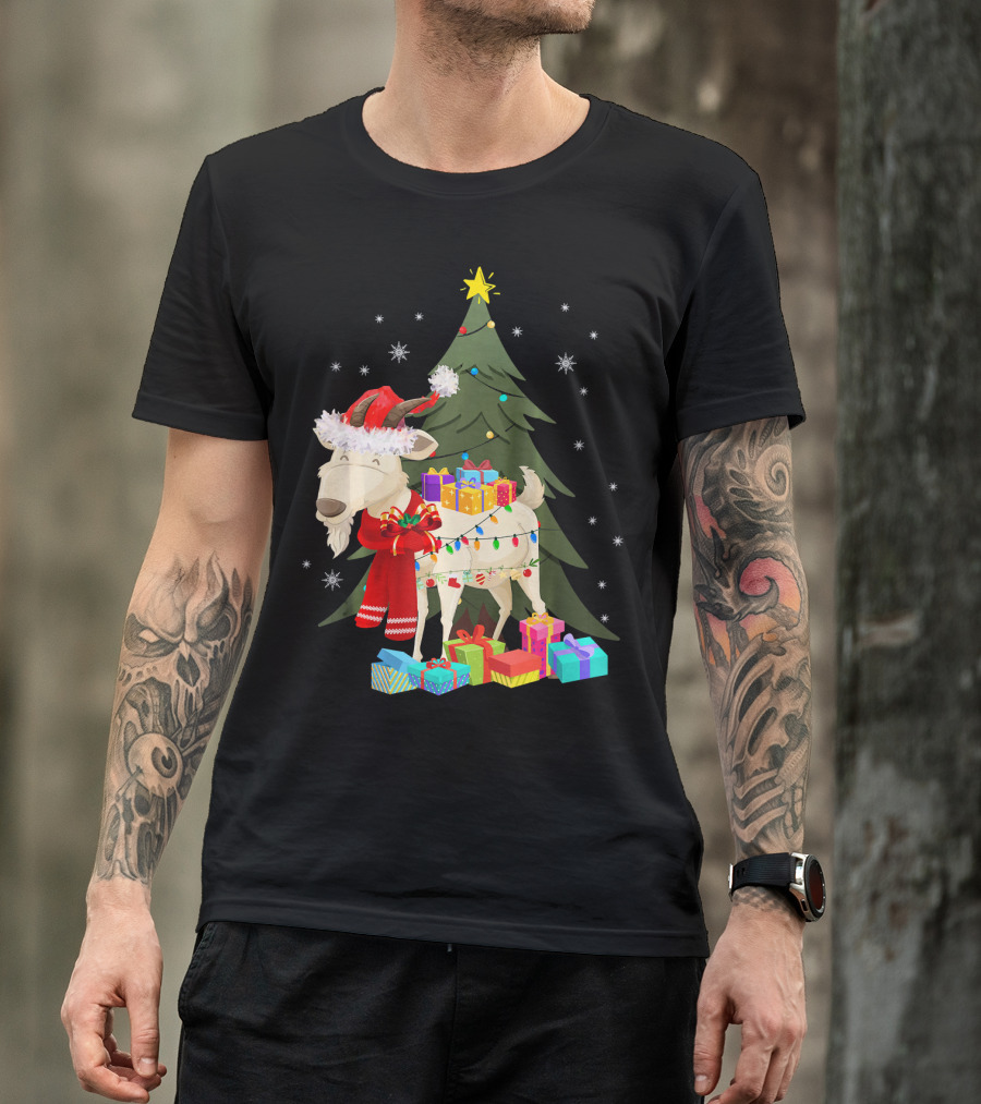 Goat Christmas Lights Funny Goat Santa Hat Presents Tree Snowflakes T-Shirt
