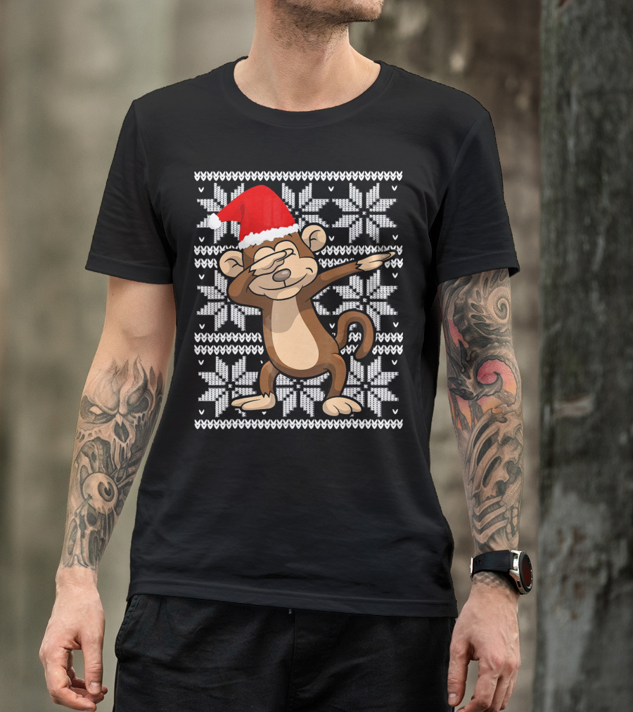 UGLY CHRISTMAS Dabbing Monkey Dab Santa Hat Snowflake T-Shirt