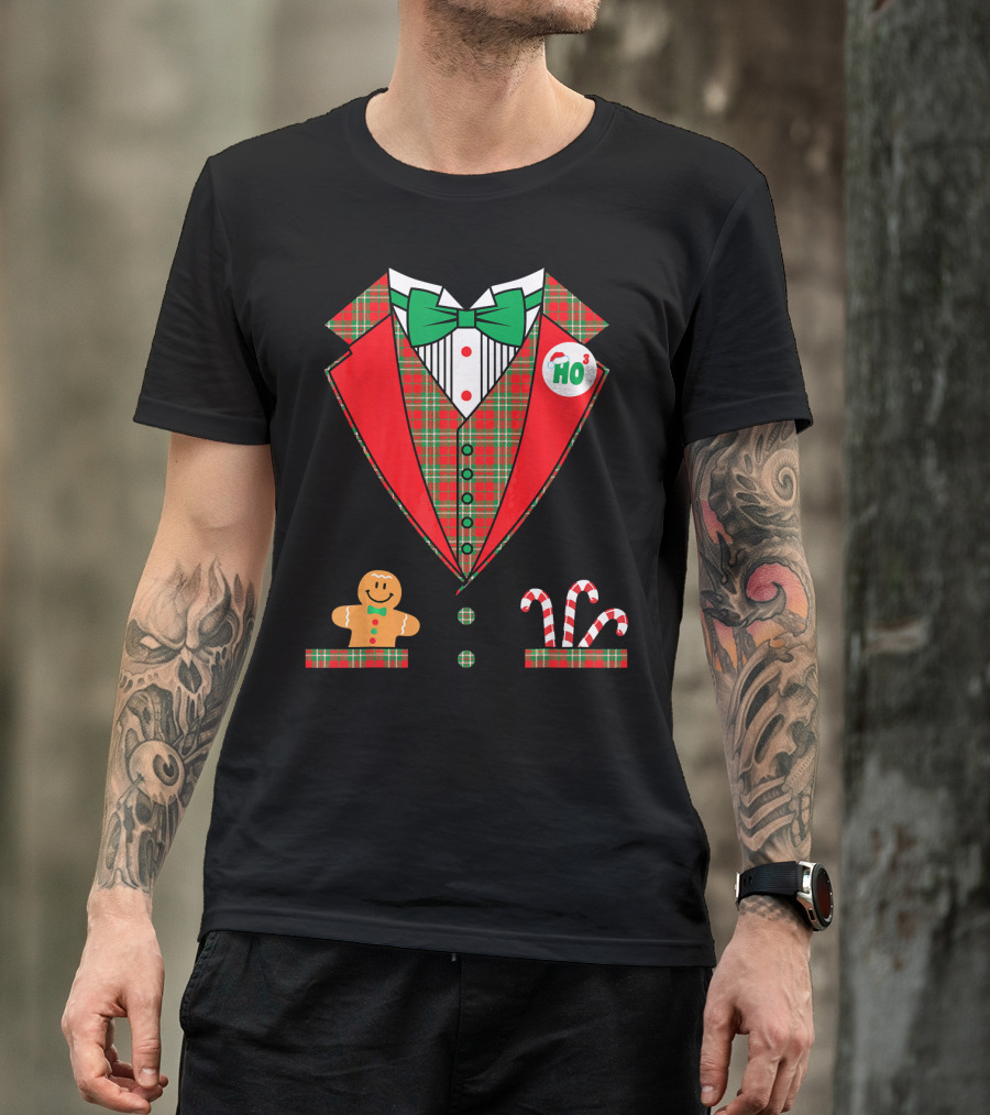 Funny Christmas Costume Tuxedo Ho Ho Ho Bow Tie Gingerbread Candy Cane T-Shirt