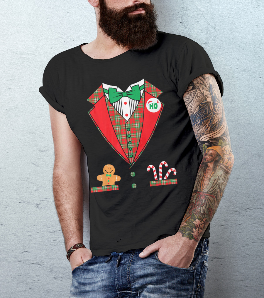 Funny Christmas Costume Tuxedo Ho Ho Ho Bow Tie Gingerbread Candy Cane T-Shirt
