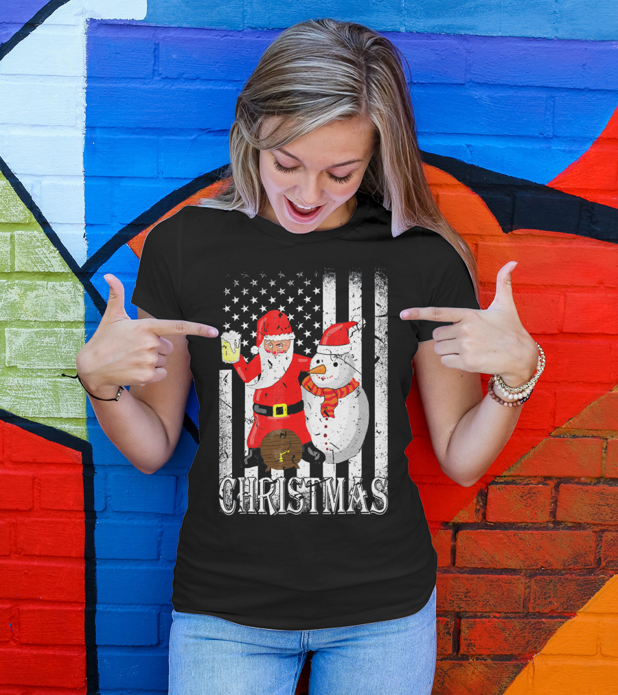 Christmas Santa Claus Snowman With Beer American Flag T-Shirt