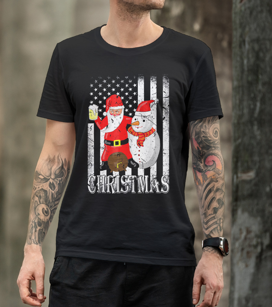 Christmas Santa Claus Snowman With Beer American Flag T-Shirt