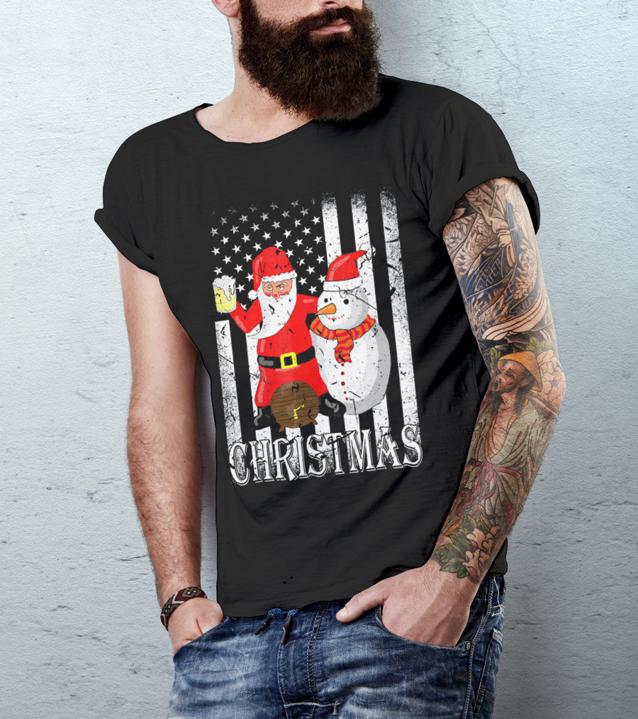 Christmas Santa Claus Snowman With Beer American Flag T-Shirt
