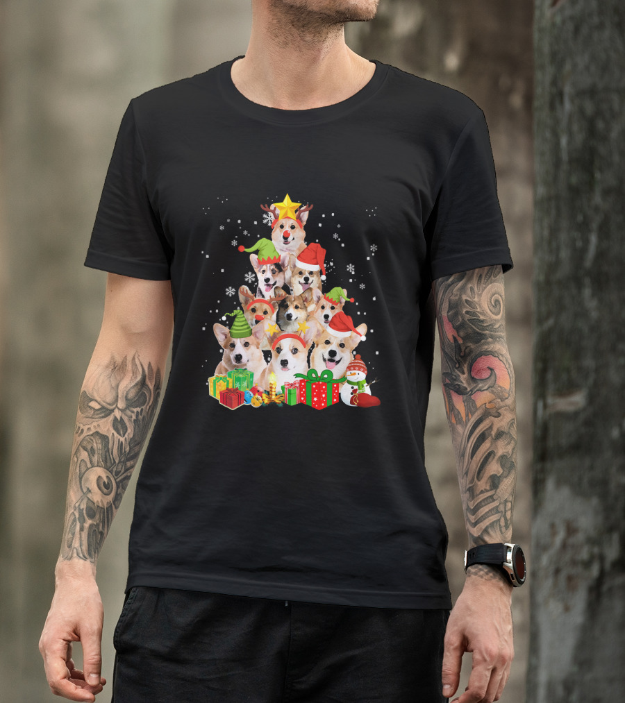 Corgi Christmas Tree With Snowflakes And Holiday Hats T-Shirt