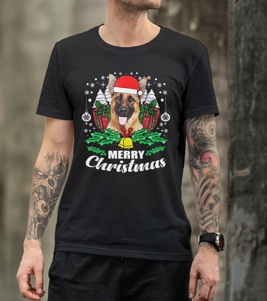 German Shepherd Merry Christmas Santa Hat Festive Holiday Dog Love T-Shirt