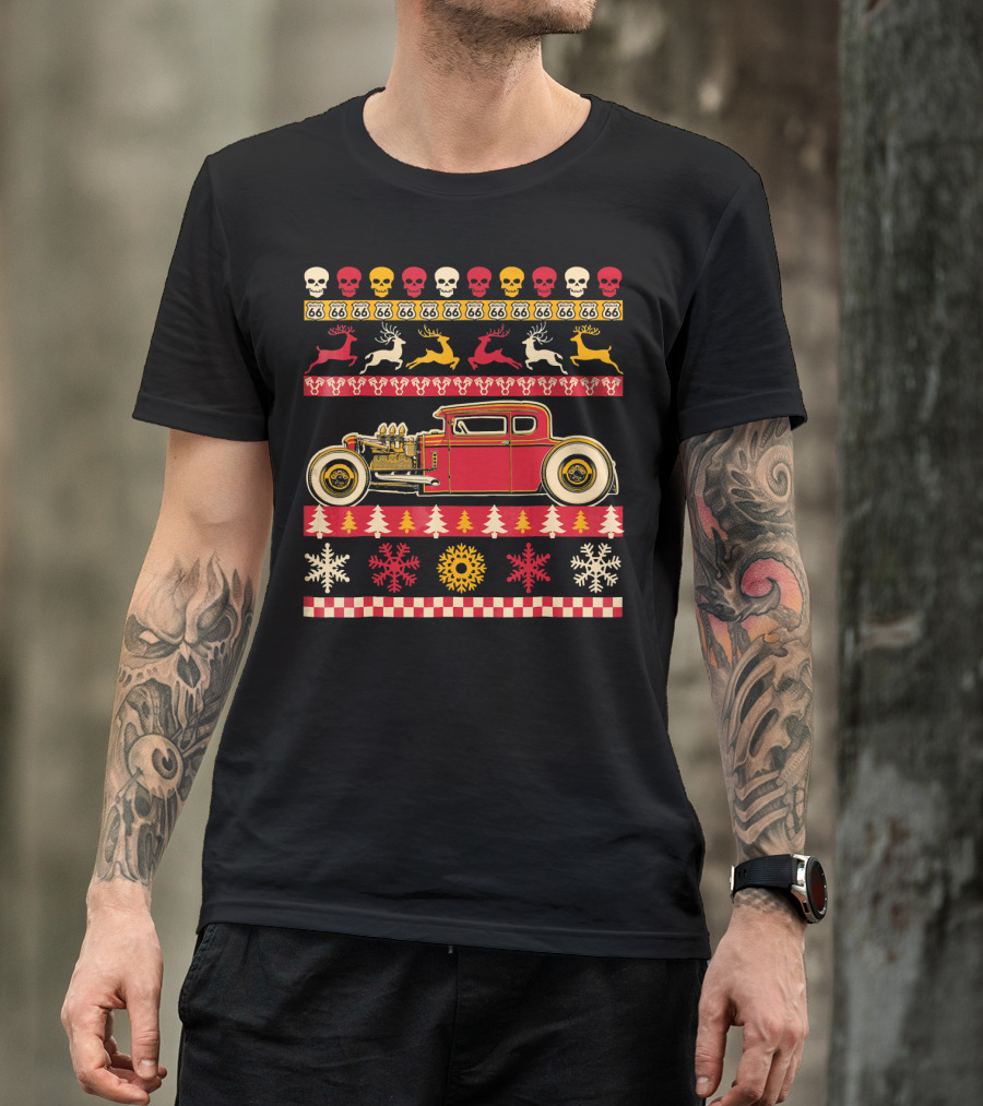 Rat Rod Christmas Party Skull Route 66 Reindeer Snowflakes Checkerboard T-Shirt