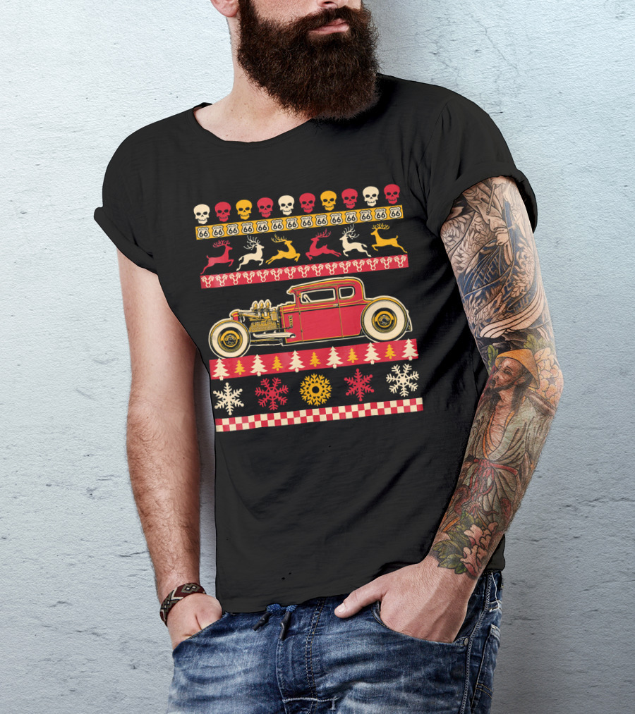 Rat Rod Christmas Party Skull Route 66 Reindeer Snowflakes Checkerboard T-Shirt