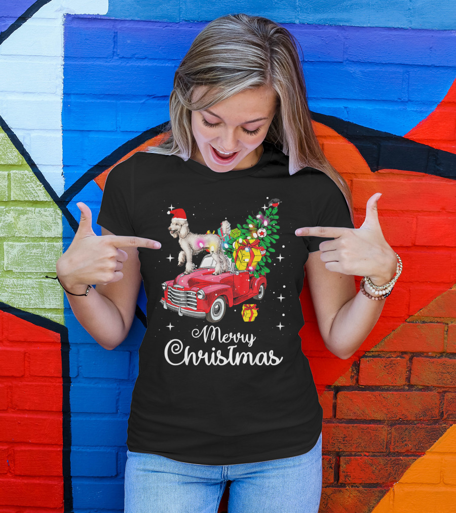Merry Christmas Poodle With Santa Hat On Red Truck With Gifts And Christmas Tree T-Shirt