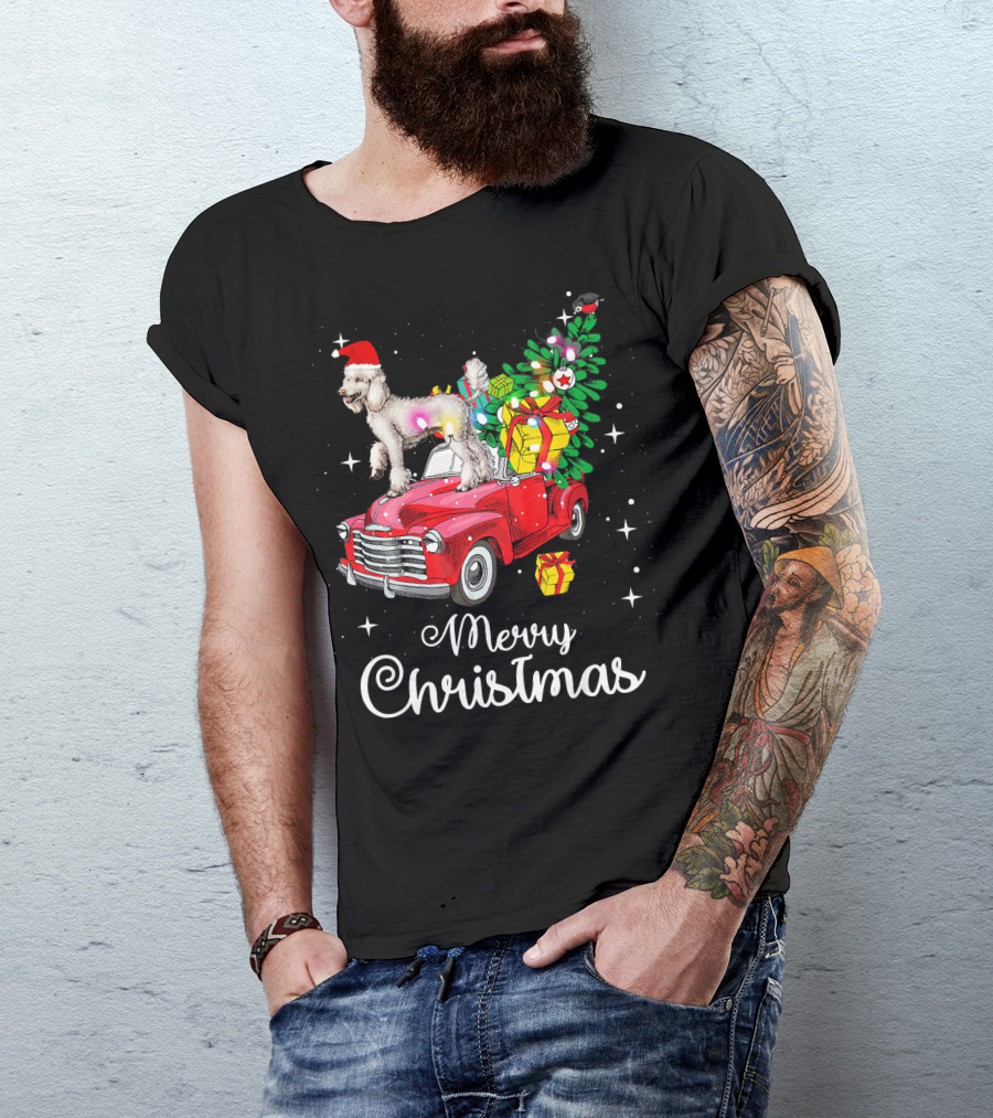Merry Christmas Poodle With Santa Hat On Red Truck With Gifts And Christmas Tree T-Shirt