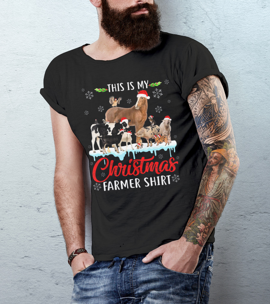 This Is My Christmas Farmer Shirt Santa Hat Animals Snowflakes T-Shirt