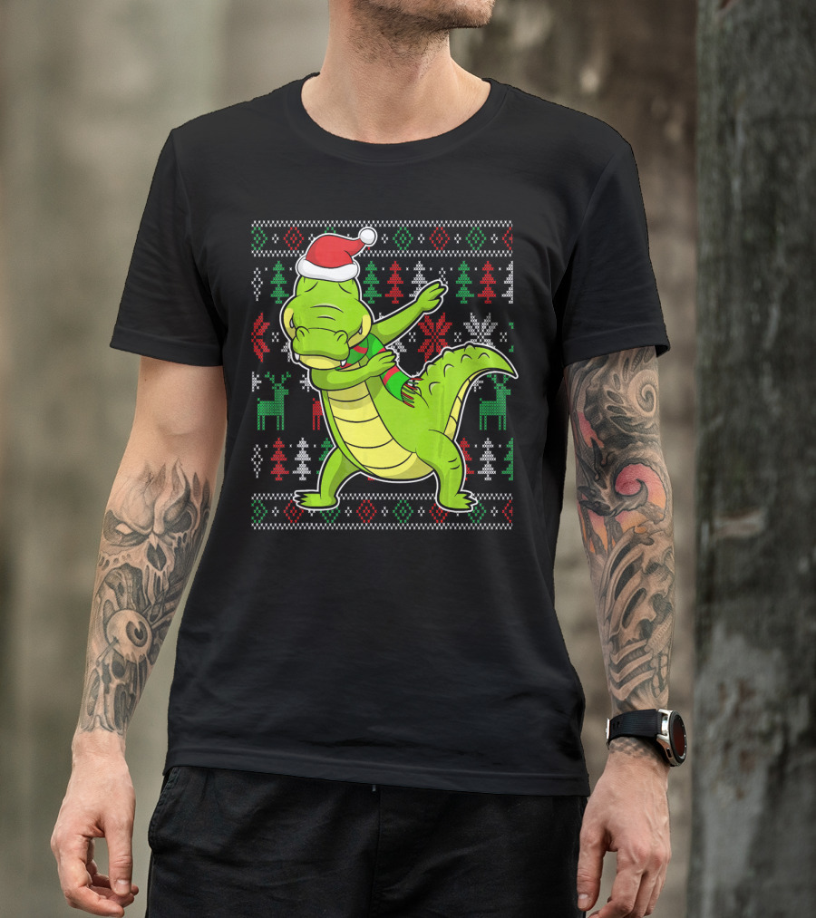 Ugly Christmas Dabbing Alligator Santa Hat Festive T-Shirt