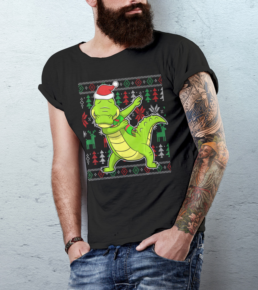 Ugly Christmas Dabbing Alligator Santa Hat Festive T-Shirt