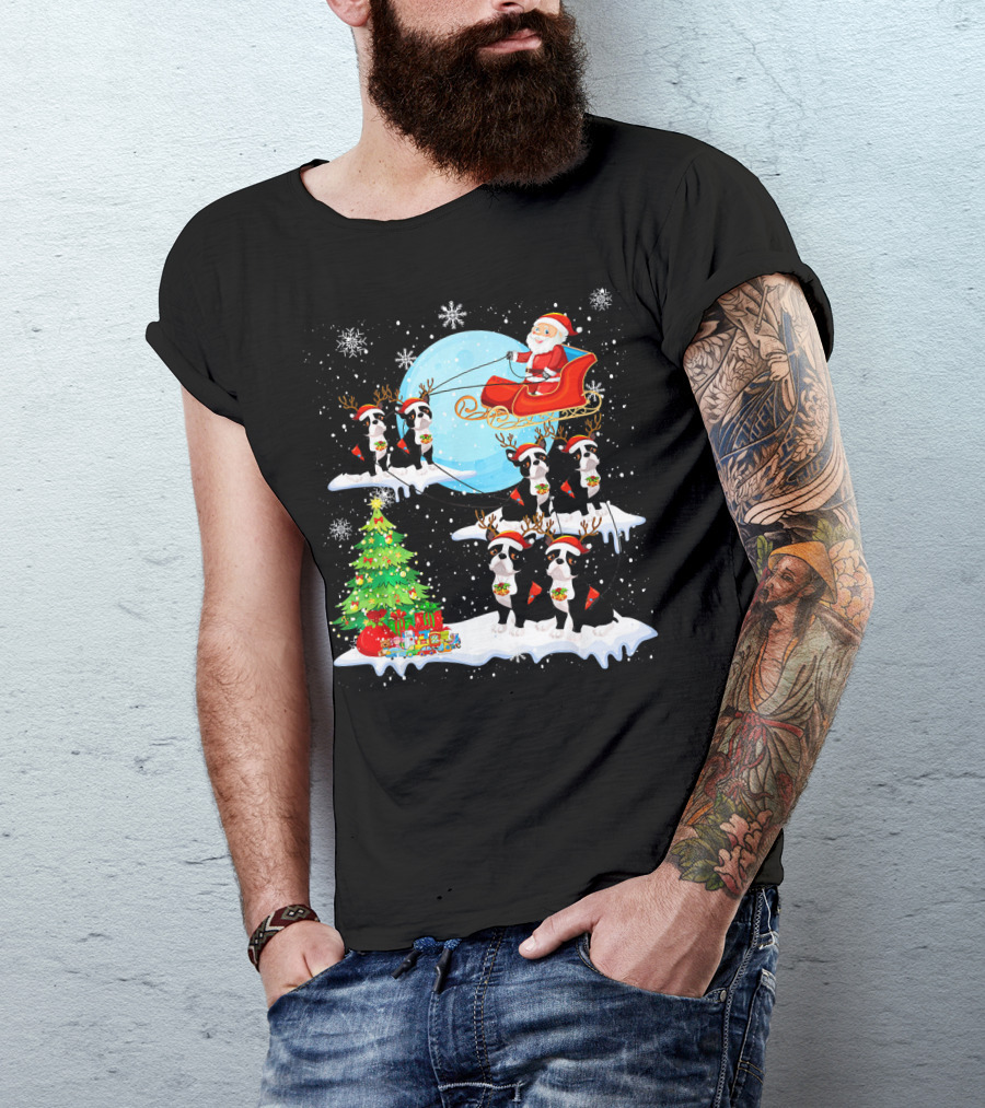 Santa Sleigh With Boston Terrier Reindeer And Christmas Tree T-Shirt