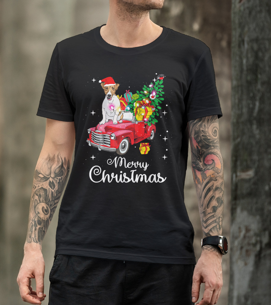 Merry Christmas Jack Russell Terrier Riding Red Truck With Gifts And Santa Hat T-Shirt
