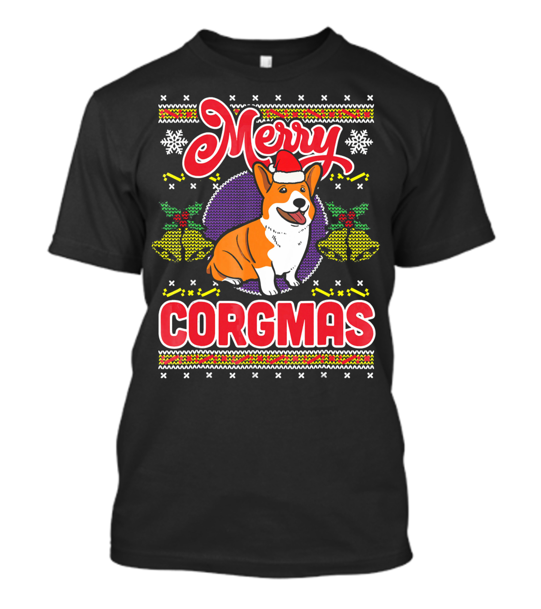 Merry Corgmas Ugly Christmas Corgi Dog Santa Hat Snowflakes Holiday T-Shirt