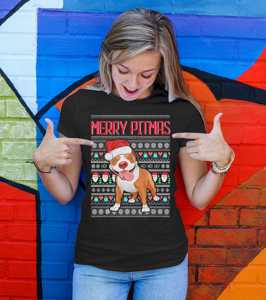 Merry Pitmas Santa Hat Dog Ho Ho Ho UglyStyle Christmas T-Shirt