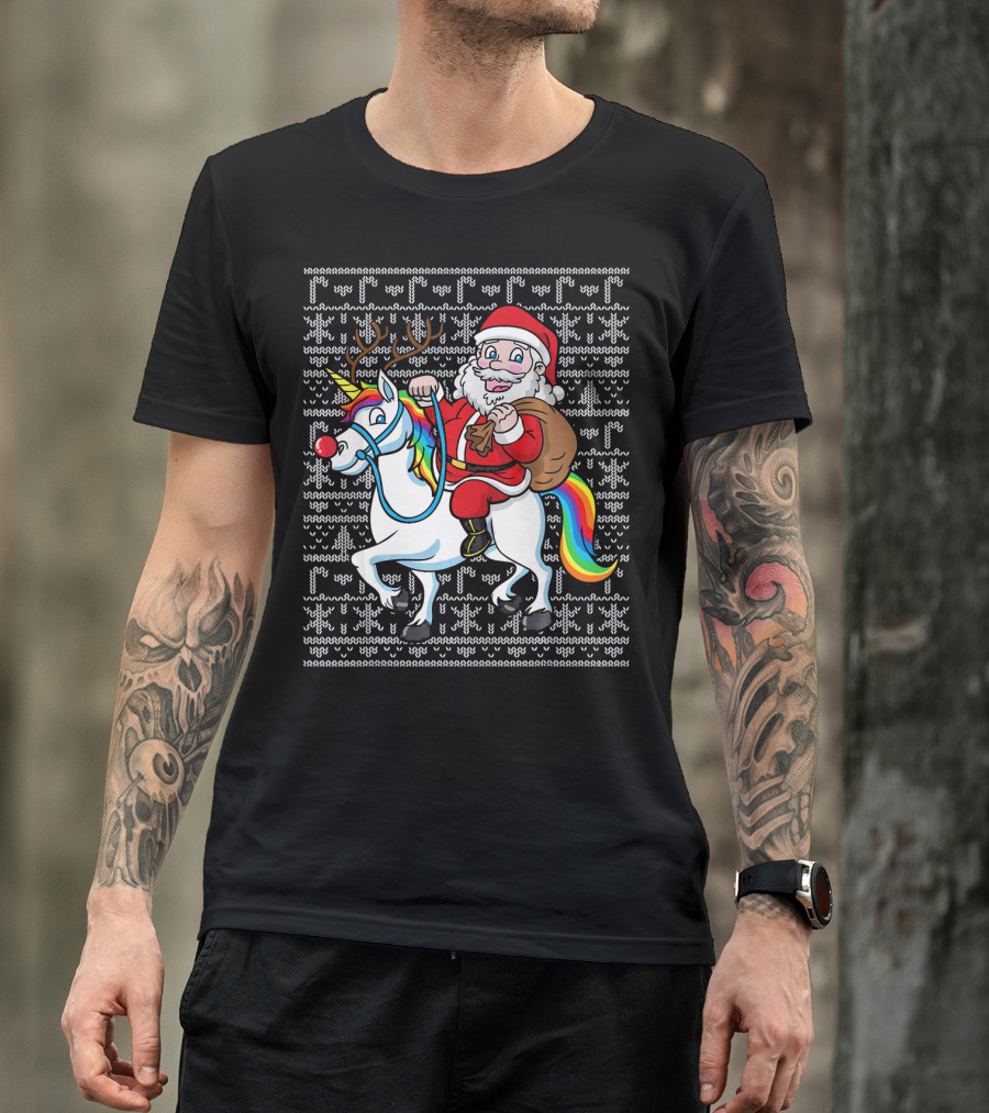 Santa Riding Reindeer-Antlered Rainbow Unicorn On Christmas T-Shirt