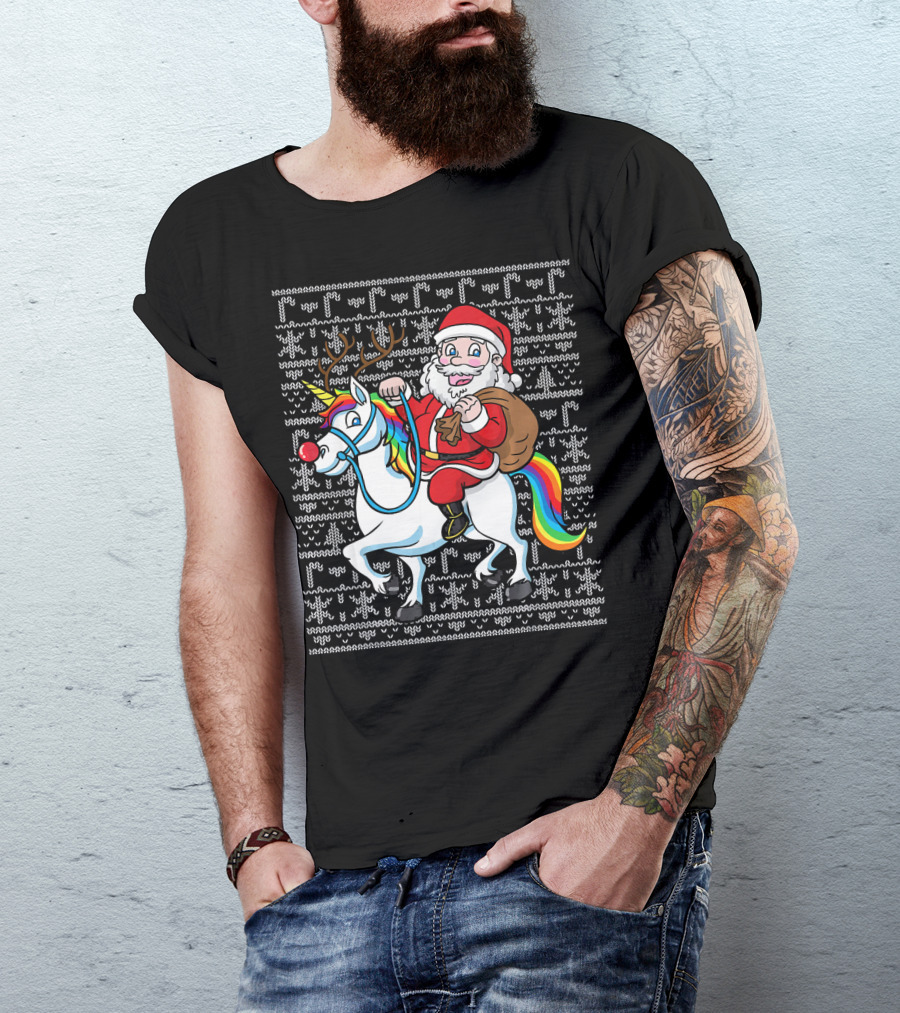Santa Riding Reindeer-Antlered Rainbow Unicorn On Christmas T-Shirt