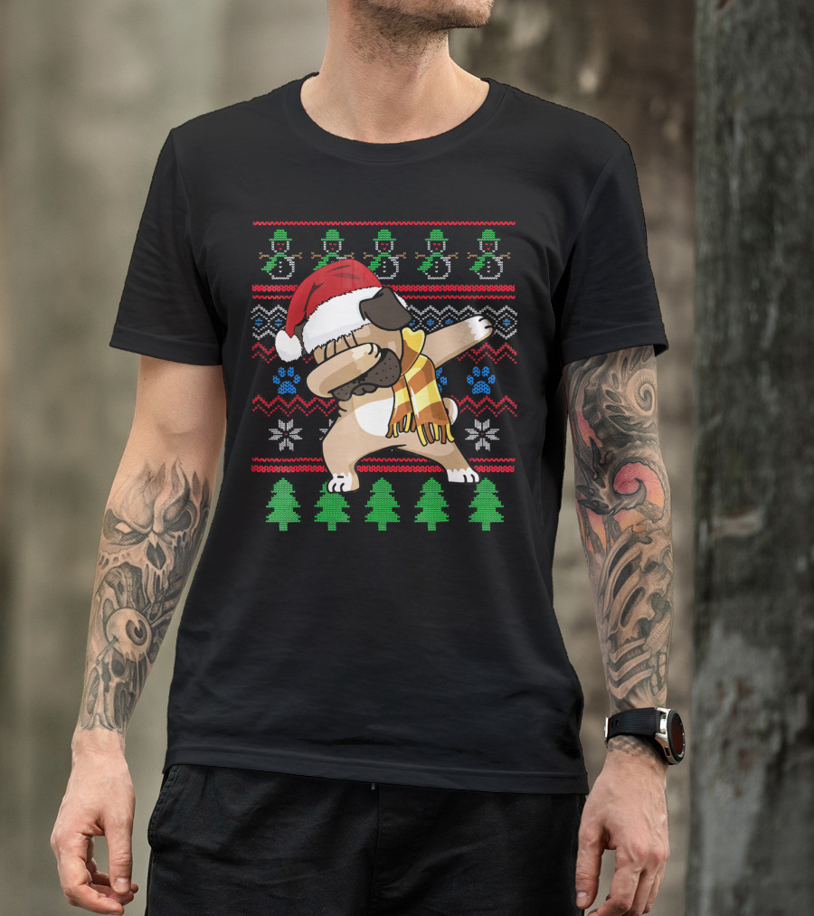 Pug Dabbing Santa Hat Christmas Snowman Tree Pattern UglyStyle T-Shirt