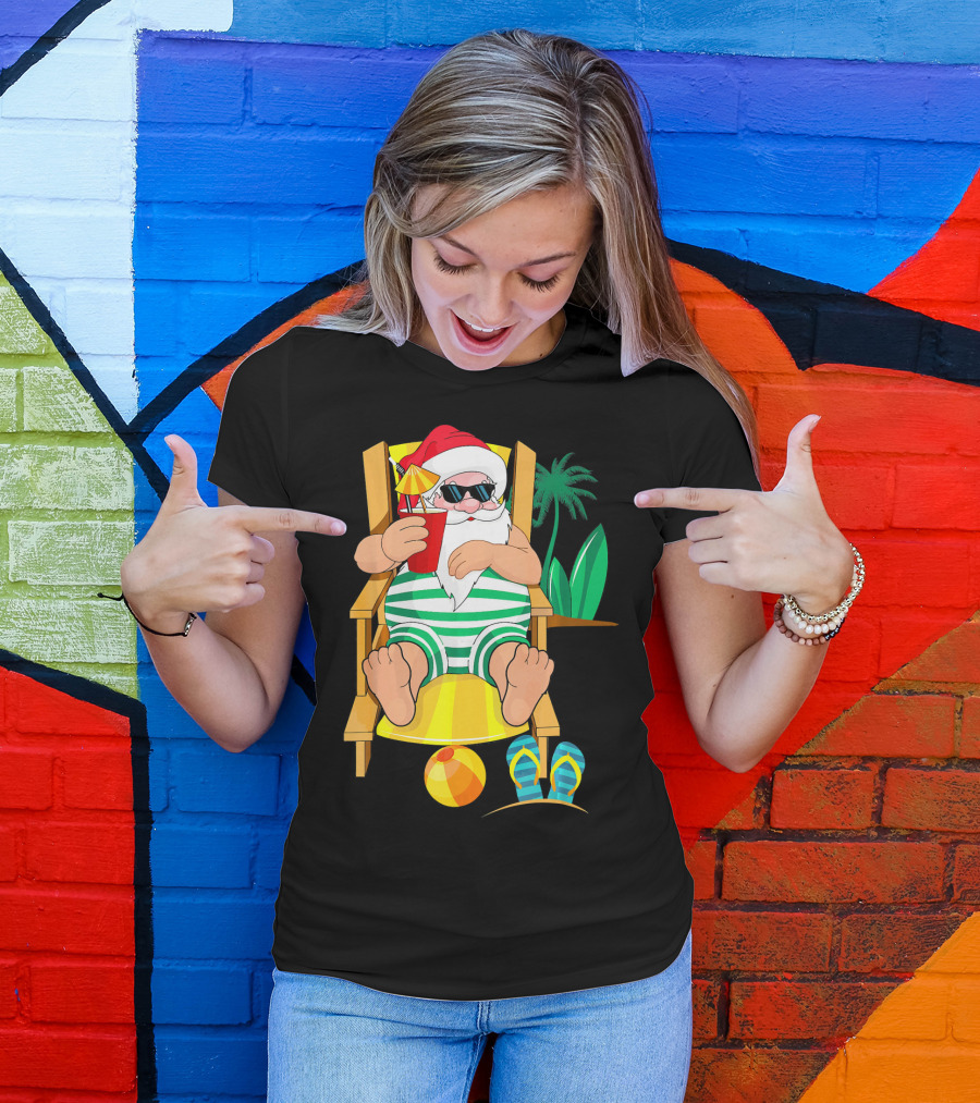 Christmas In July Santa Relaxing On Beach Chair With Cocktail And Palm Tree T-Shirt