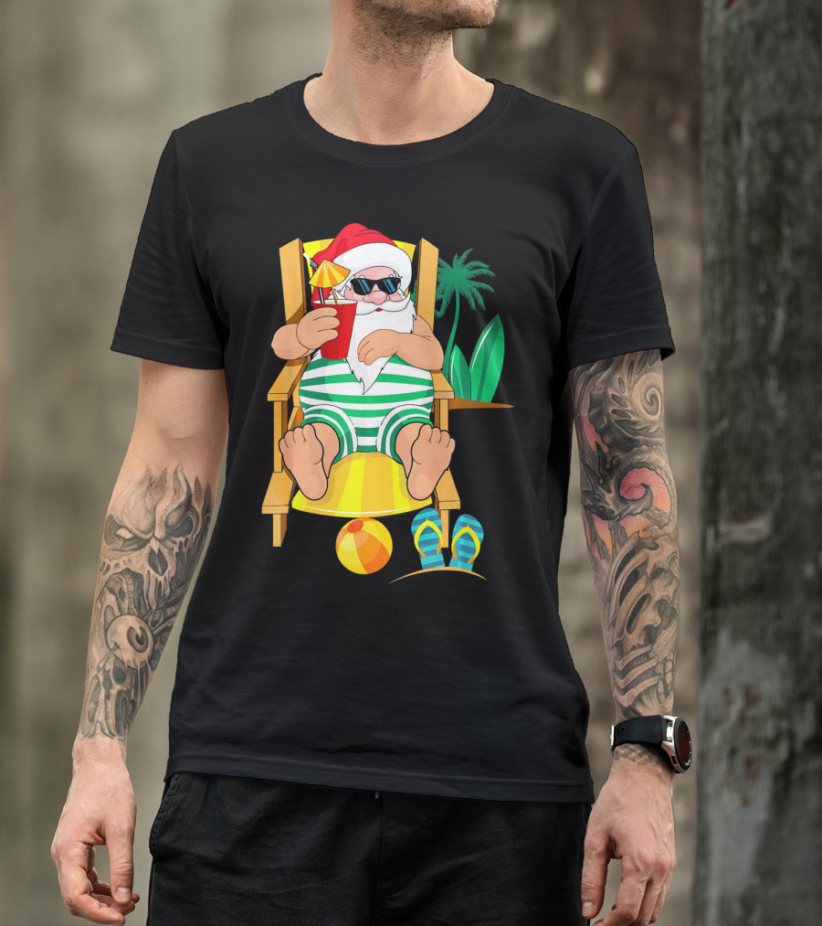 Christmas In July Santa Relaxing On Beach Chair With Cocktail And Palm Tree T-Shirt