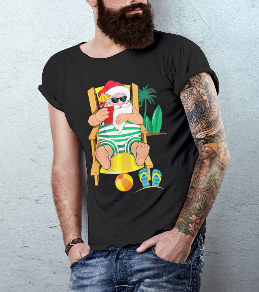 Christmas In July Santa Relaxing On Beach Chair With Cocktail And Palm Tree T-Shirt