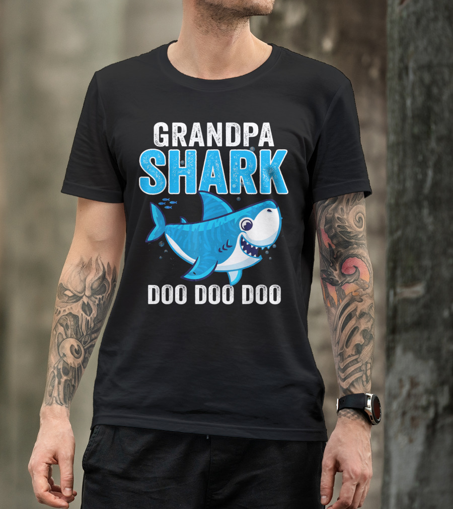 Grandpa Shark Doo Doo Doo Bright Blue Cartoon Shark T-Shirt