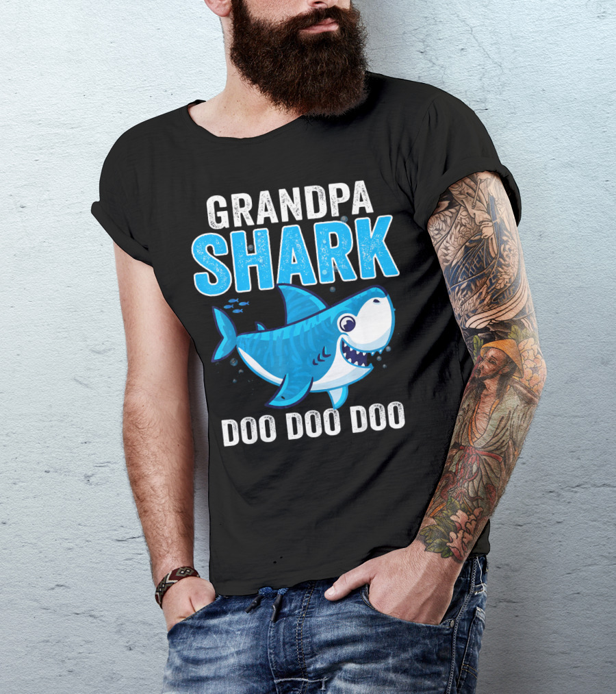 Grandpa Shark Doo Doo Doo Bright Blue Cartoon Shark T-Shirt