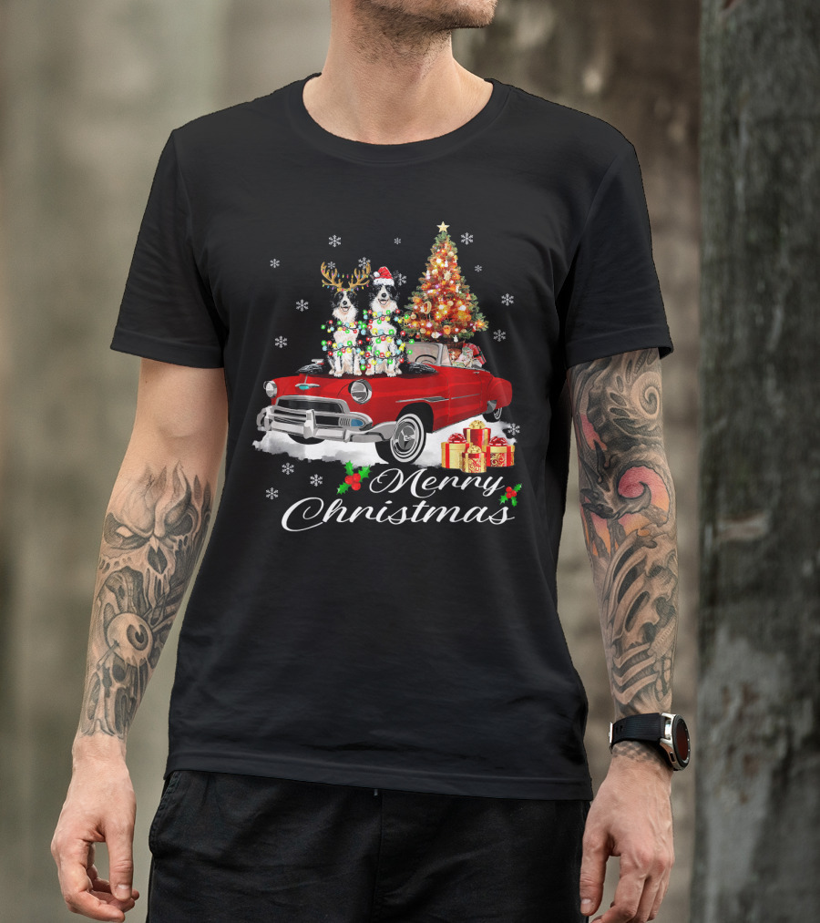 Merry Christmas Border Collie On Red Holiday Truck With Gifts And Tree T-Shirt