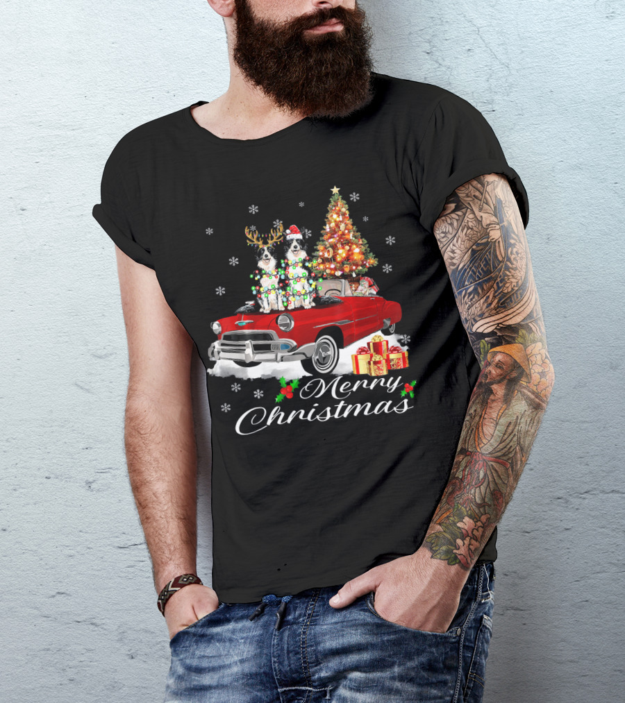 Merry Christmas Border Collie On Red Holiday Truck With Gifts And Tree T-Shirt