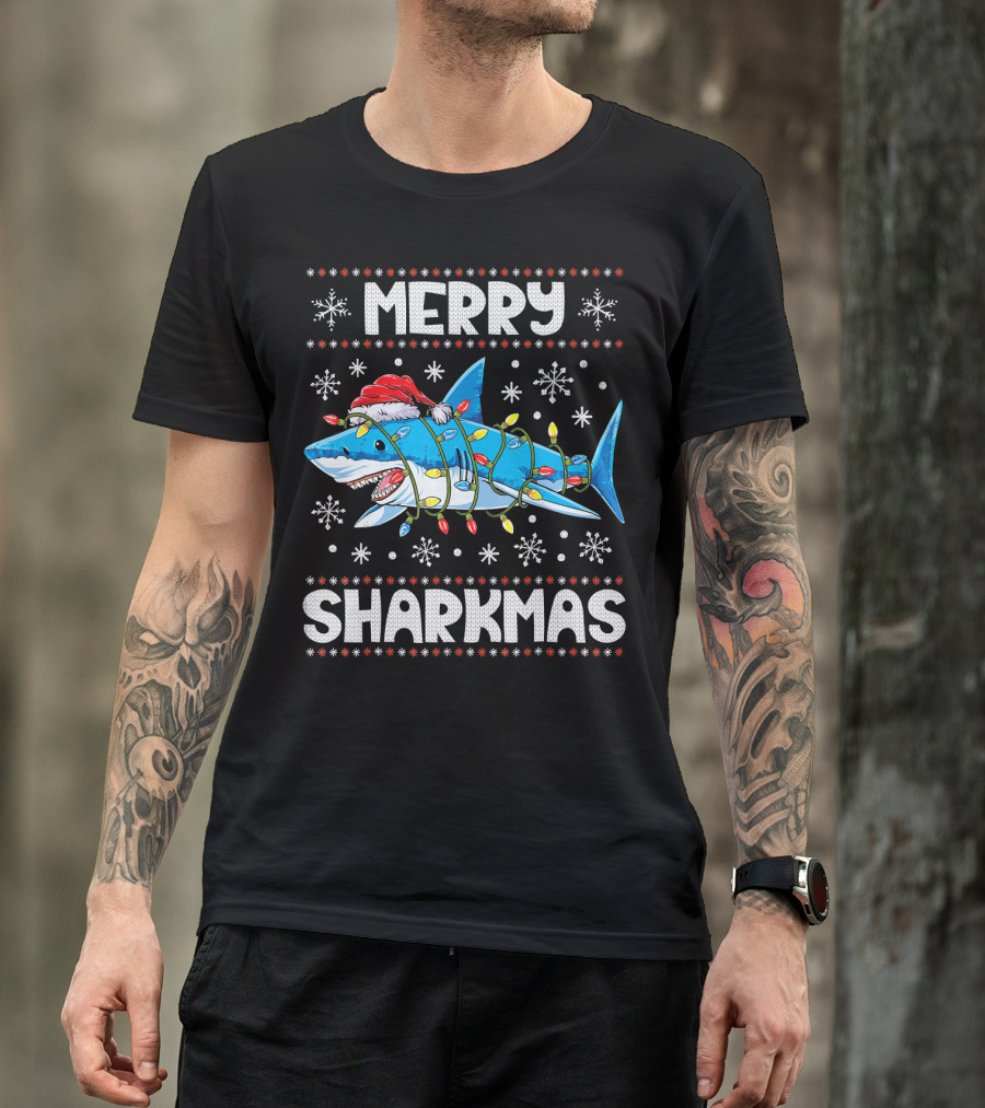 Merry Sharkmas Shark Santa With Lights And Snowflakes T-Shirt