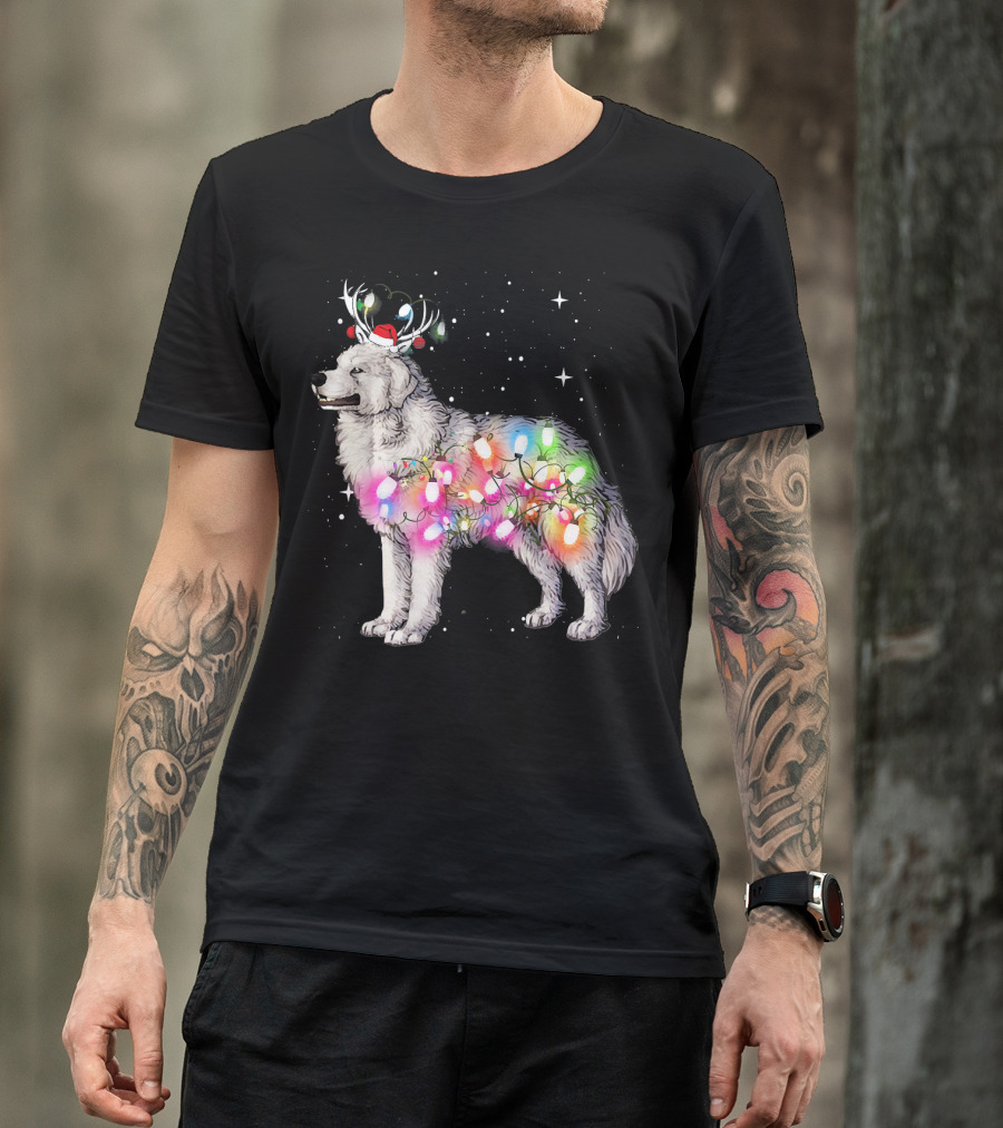 Christmas Lights Great Pyrenees With Reindeer Antlers And Santa Hat T-Shirt