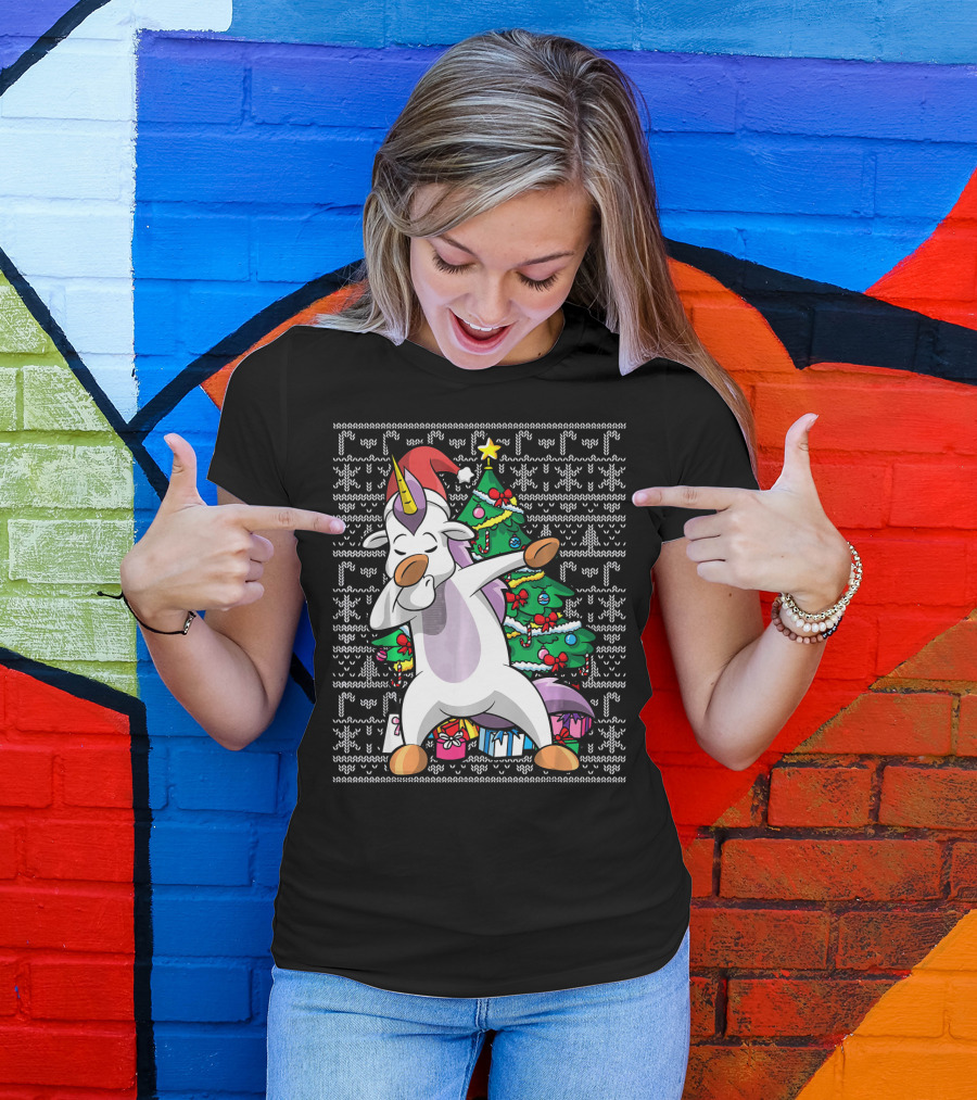 Unicorn Dabbing In Santa Hat By The Christmas Tree With Gifts T-Shirt
