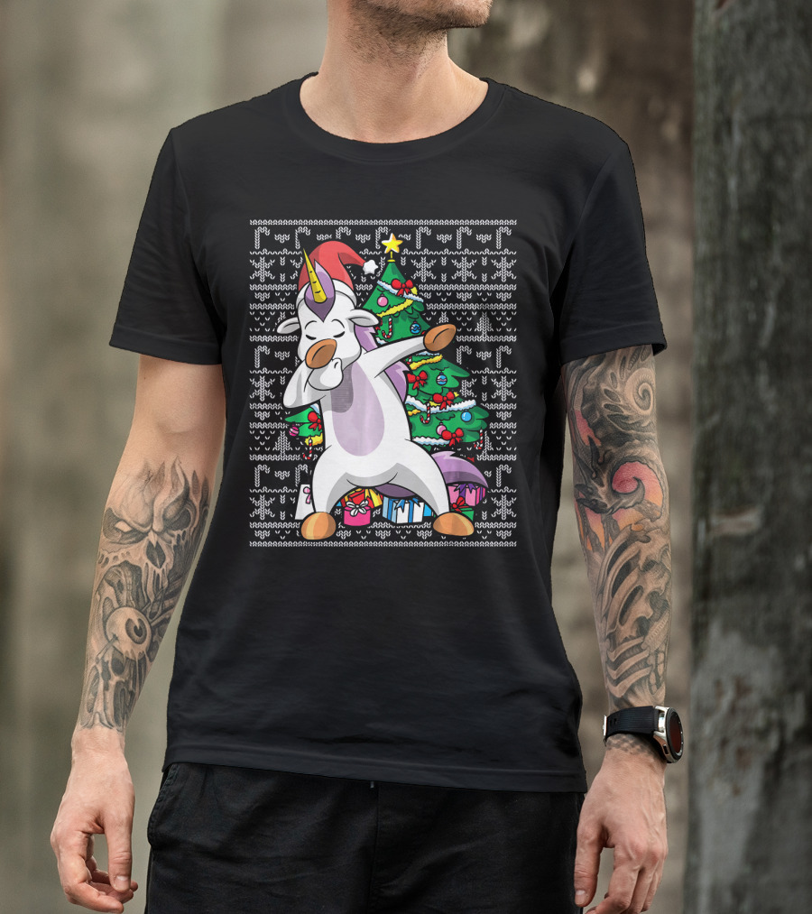 Unicorn Dabbing In Santa Hat By The Christmas Tree With Gifts T-Shirt