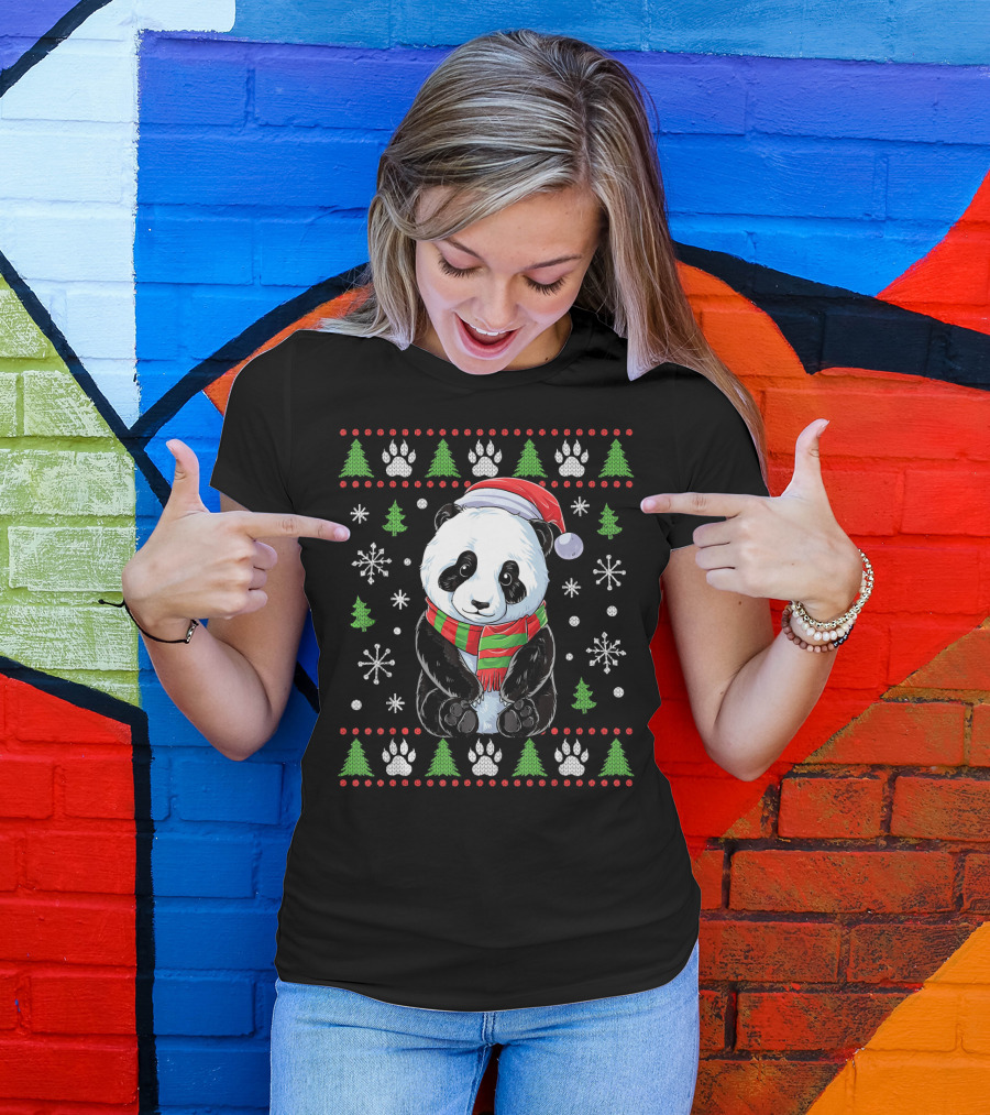 Panda Santa Ugly Christmas Sweater With Trees And Snowflakes T-Shirt