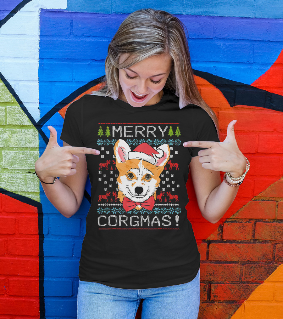 Merry Corgmas Christmas Corgi Santa Hat Festive Trees Bowtie Reindeer T-Shirt