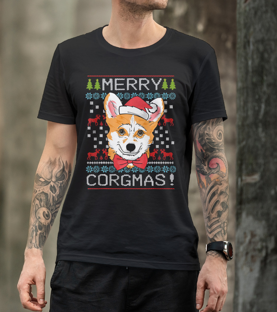 Merry Corgmas Christmas Corgi Santa Hat Festive Trees Bowtie Reindeer T-Shirt