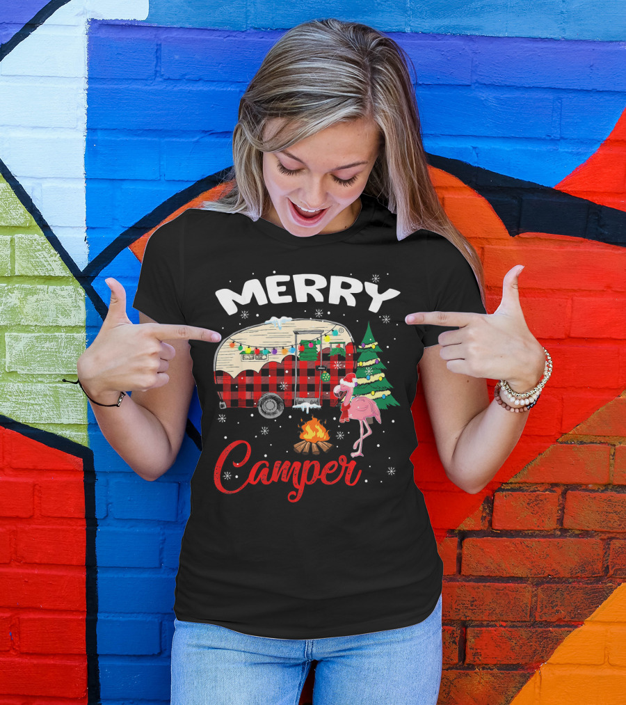Merry Camper Christmas Camping Flamingo And Campfire Scene T-Shirt