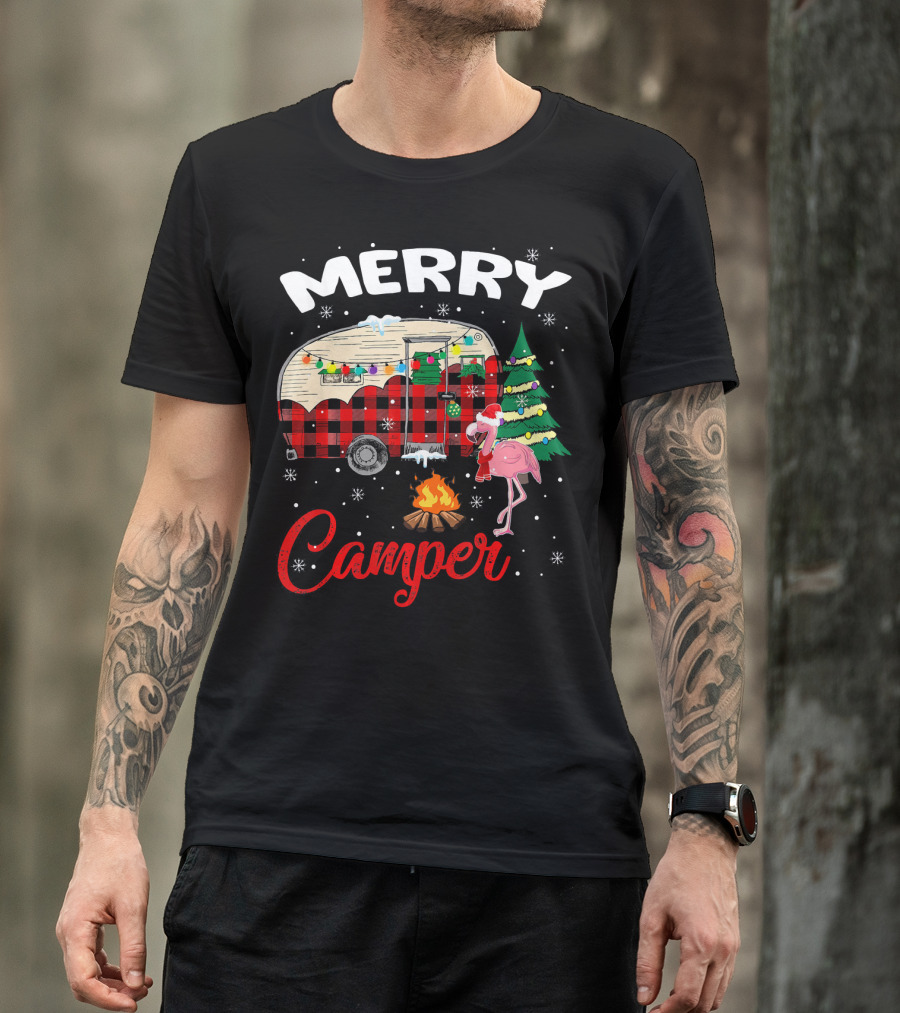 Merry Camper Christmas Camping Flamingo And Campfire Scene T-Shirt