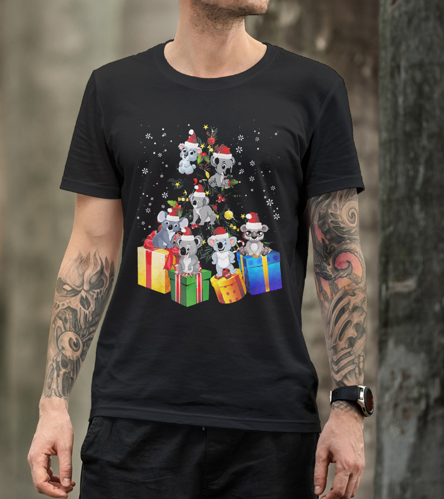 Christmas Koala With Santa Hats And Gifts On Snowy Pine Tree T-Shirt