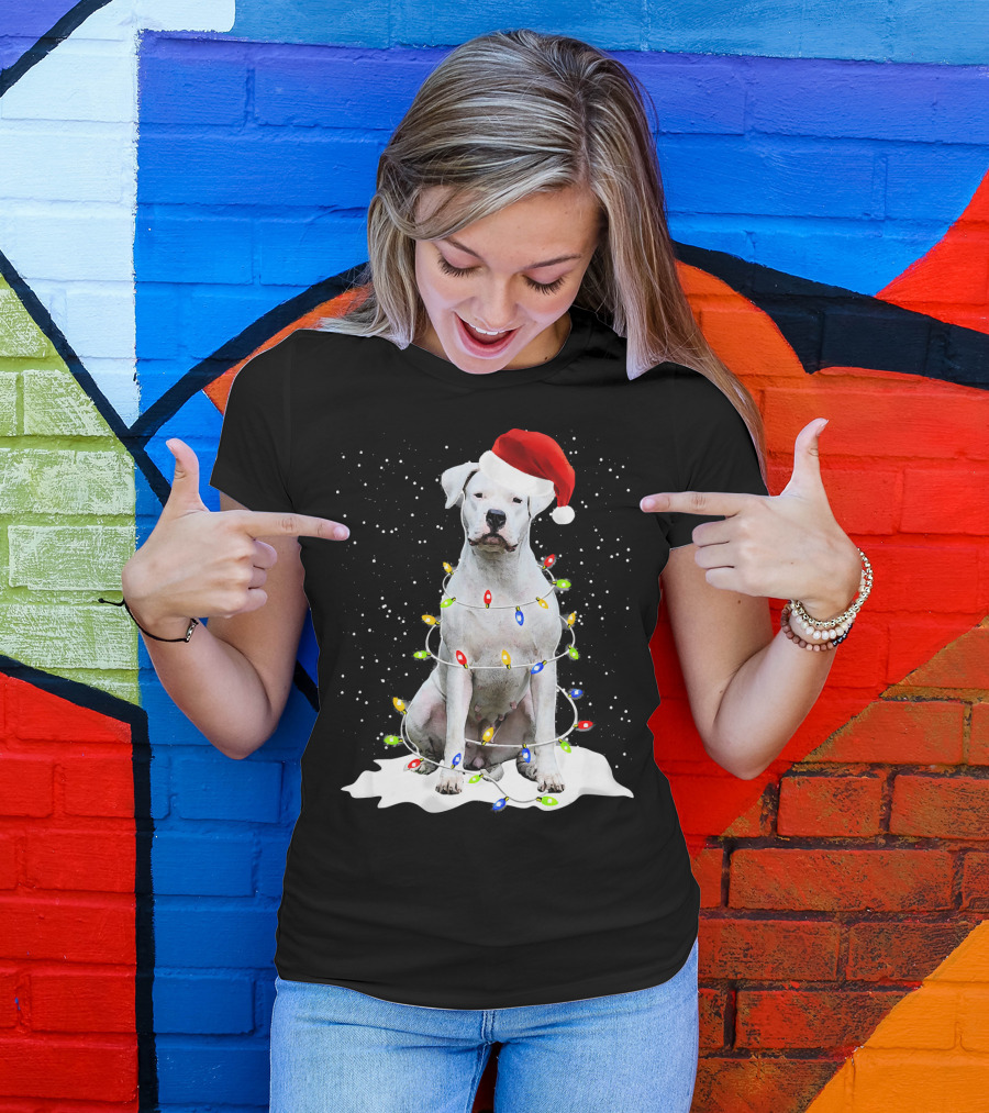 Dogo Argentino Christmas Lights Santa Hat Snow Holiday T-Shirt