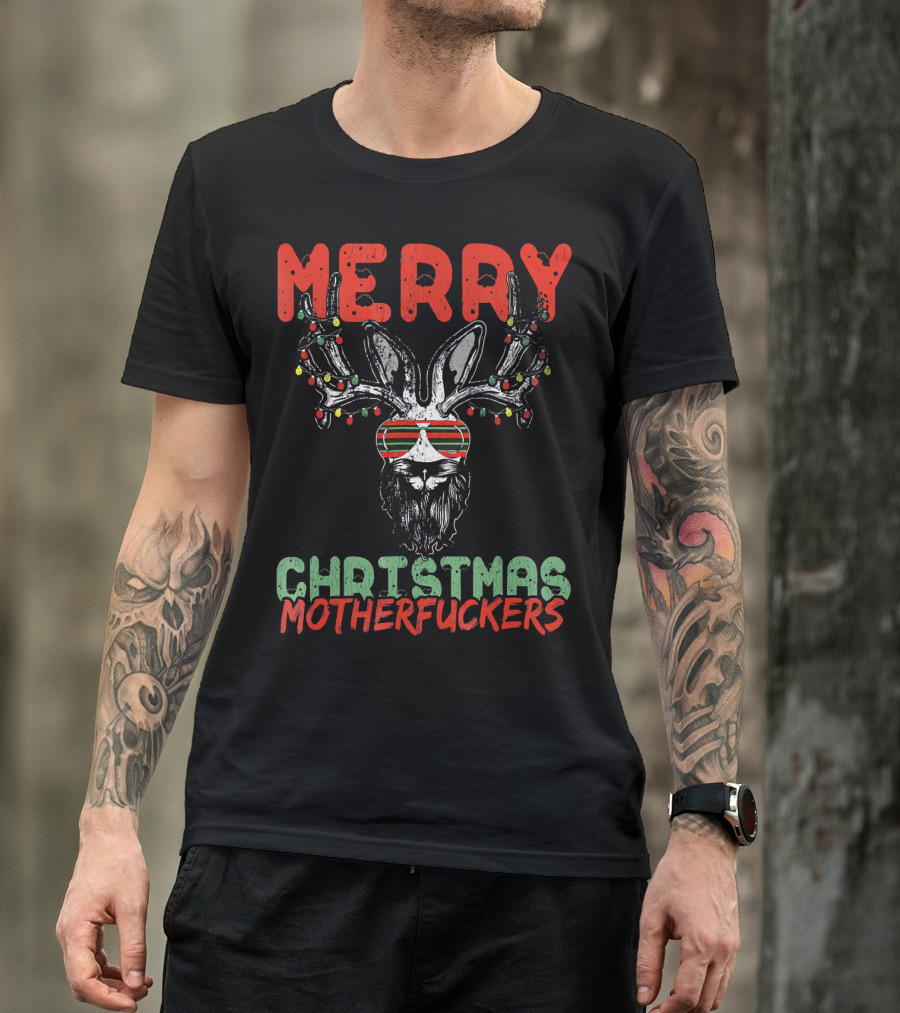 Merry Christmas Motherfuckers Reindeer Skull Holiday Lights T-Shirt