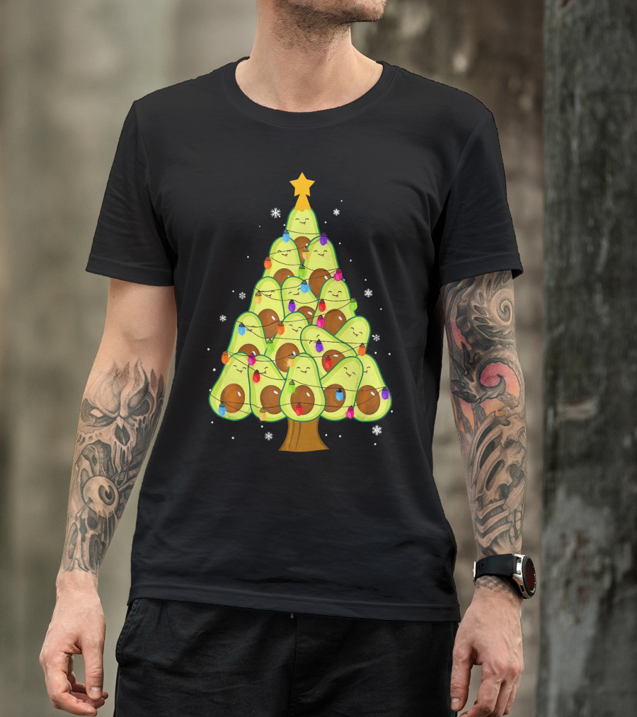 Avocado Christmas Tree With Colorful Lights Vegan Guac Green T-Shirt