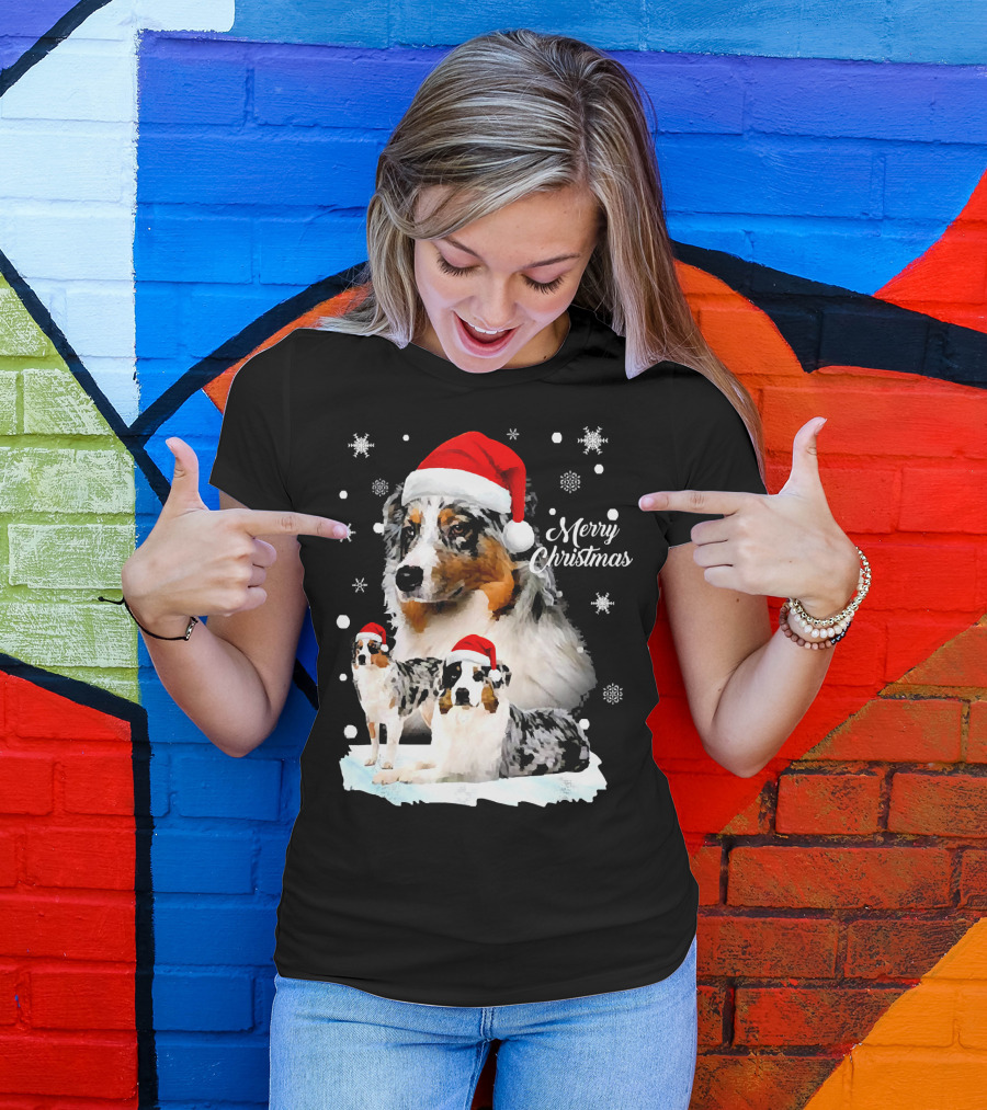 Australian Shepherds Merry Christmas Santa Hats Snowflakes T-Shirt