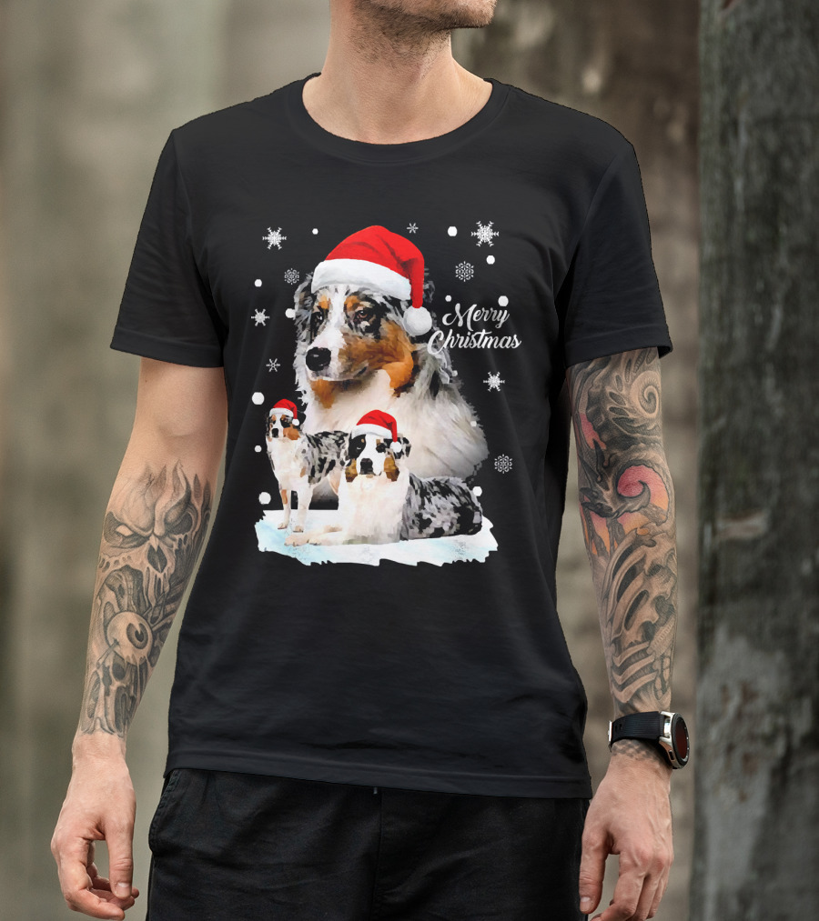 Australian Shepherds Merry Christmas Santa Hats Snowflakes T-Shirt