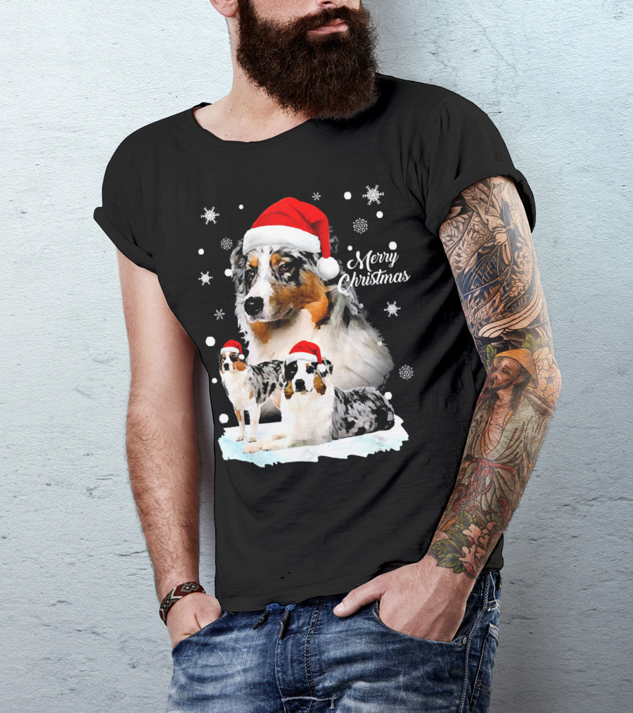 Australian Shepherds Merry Christmas Santa Hats Snowflakes T-Shirt