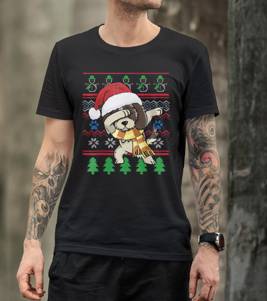 Shih Tzu Dabbing UglyStyle Christmas Santa Hat Scarf Snowflakes Trees T-Shirt