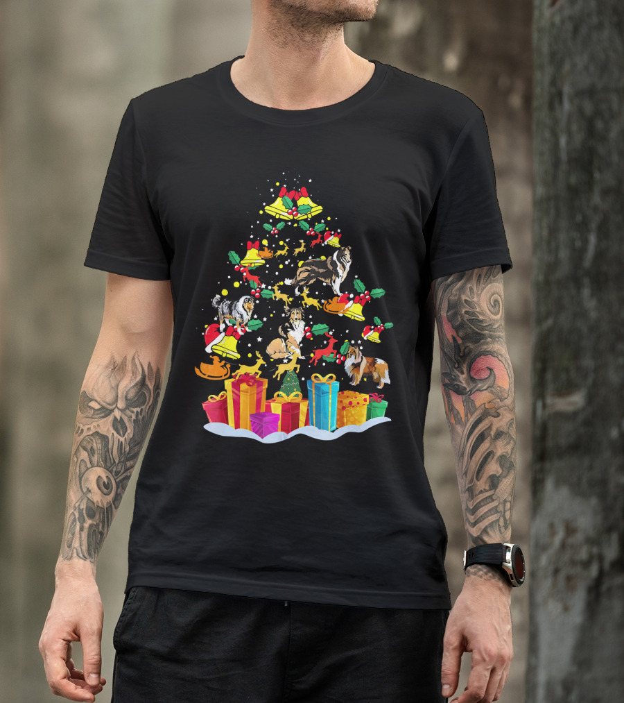 Rough Collie Christmas Tree Funny Reindeer Presents Holiday Bells T-Shirt