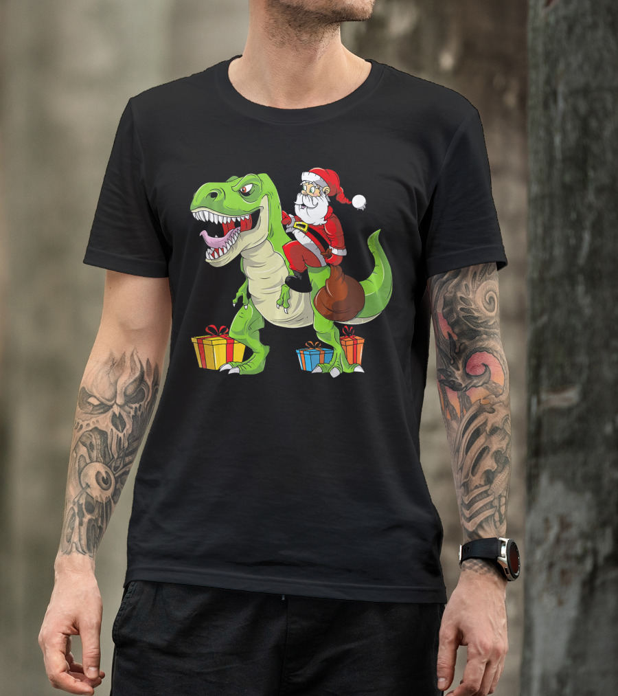 Funny Christmas Kids Santa Riding Dinosaur With Gifts T-Shirt